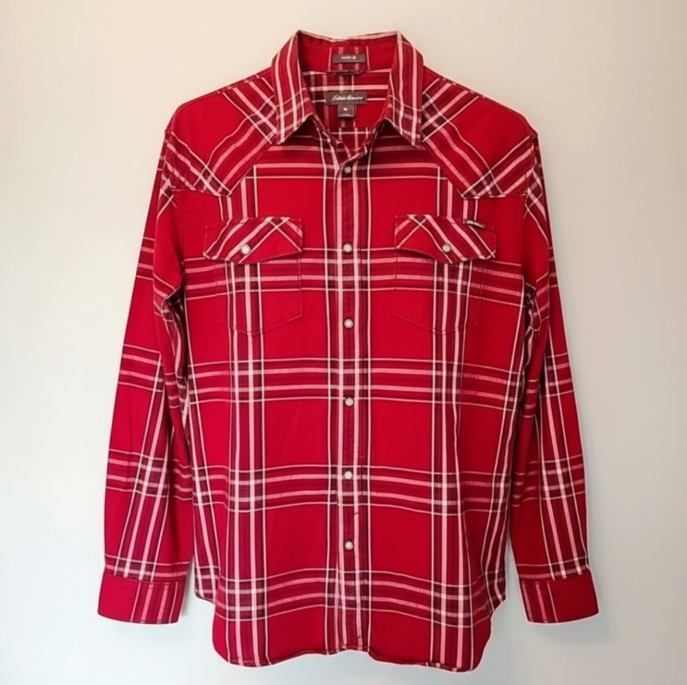 Western Flannel Shirt Red Gray Plaid Pearl Snap Cotton Large Eddie Bauer Classic